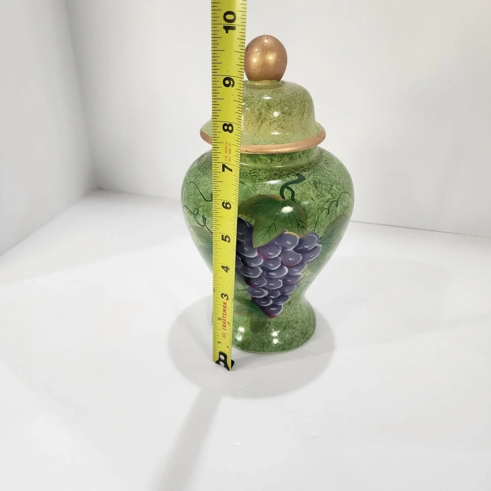 Hand Painted Ceramic Ginger Jar Green with Purple Grapes Gold Trim 9.5